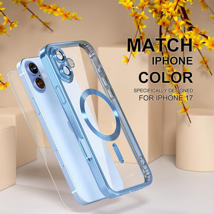 Misea Magnetic for iPhone 17 Case Compatible with MagSafe [Never Yellowing] [Military Grade Drop Protection] Full Camera Lens Protector Plating Soft Clear Phone Case for Women, Mist Blue