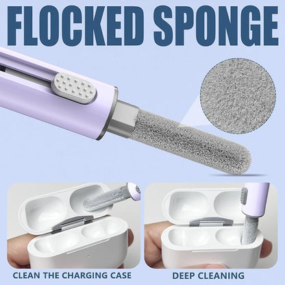 【1 Pack】 Cleaner Kit for Airpods 4 Case,Cleaning Kit Pen Shape with Soft Brush Flocking Sponge Tool for Bluetooth Earphones Headphones Charging Case,Phone,Camera and Computer(Purple)