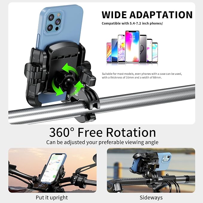 Kewig Motorcycle Phone Mount Holder- [Camera Friendly] [1s Lock & Release] Bike Phone Mount Handlebar Cell Phone Holder for Bicycle Scooter ATV, Fit for 5.4-7.2" Smartphones