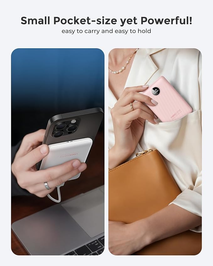 Portable Charger 10000mAh, Ultra Slim Power Bank Fast Charging with Attached USB C Cable, Travel Essential Phone Power Bank Battery Pack for iPhone 17/16/15/14 Samsung S25 Google etc, White