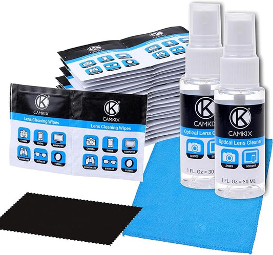 Lens and Screen Cleaning Kit - 2 Spray Bottles, 2 Microfiber Cloths (Size L + S), 50 Individually Wrapped Wet Tissues - for Eyeglasses, Sunglasses, Camera Lenses, Phone/Tablet Screens, etc.