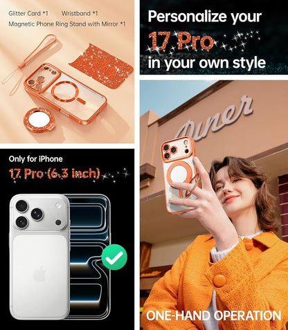 Meifigno Designed for iPhone 17 Pro Magnetic Case with Removable Phone Ring Stand, [Glitter Card & Wrist Strap] [MagSafe Compatible] [Built-in Mirror] Phone Ring Stand + Phone Case Kit, Orange