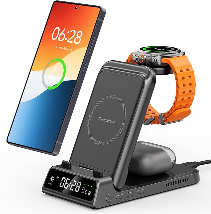 Charging Station for Samsung S26 Ultra, Wireless Charger for Galaxy S26/S25/S24/S23 Series, Galaxy Watch 8/8 Classic/Ultra/7/6/5, Galaxy Buds 3 Pro/3, SwanScout 703S (No Adapter)