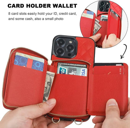 Bocasal Crossbody Wallet Case for iPhone 14 Pro Max, RFID Blocking PU Leather Zipper Handbag Purse Flip Cover, Kickstand Folio Case with Card Slots Holder Wrist Strap Lanyard 5G 6.7 Inch (Red)
