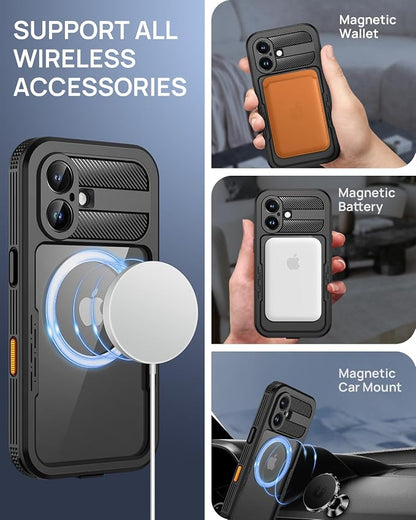 Lanhiem Magnetic for iPhone 16 Waterproof Case, Built-in Privacy Screen Protector, Compatible with MagSafe, Anti-Spy Full Body Phone Case for iPhone 16 6.1", Black