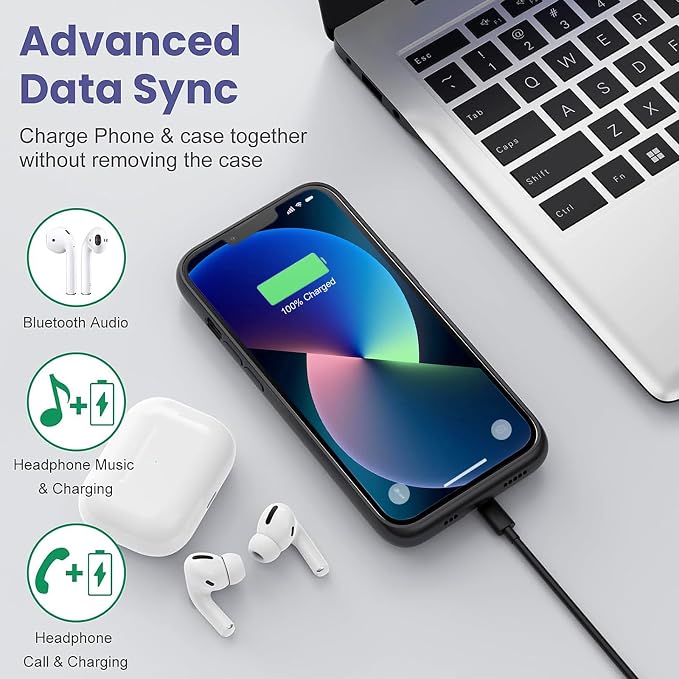 Battery Case for iPhone 13/13 Pro/14, [2025 Upgraded] 7500mAh Slim Portable Smart Charging Case Rechargeable Protective Extended Charging Cover for iPhone 13/13 Pro/14 Battery Pack (6.1 Inch), Black