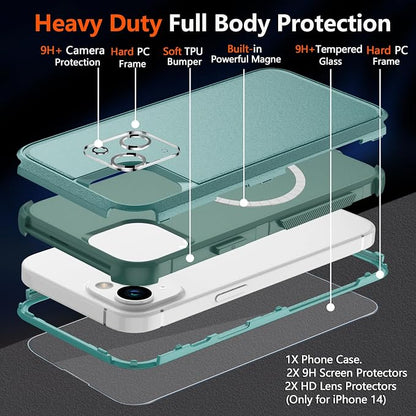 Diverbox Heavy Duty Magnetic Case for iPhone 14 [with Screen & Camera Lens Protectors] (Teal)