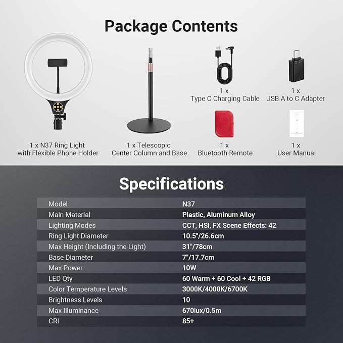 NEEWER ENTRY LEVEL VERSION N37 10.5" RGB Ring Light with Desktop Stand/Phone Holder Compatible with iPhone/Remote, 10W CRI85+ LED Lighting for TikTok YouTube Streaming Recording Laptop Zoom Video Call