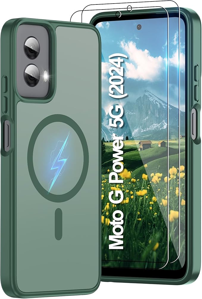 Compatible for Motorola Moto G Power 2024 Phone Case: [Mag-Safe Fit] with 2pc HD Screen Protector, Matte Translucent Soft-Touch Skin & Full Body for Moto GPower 2024, Green
