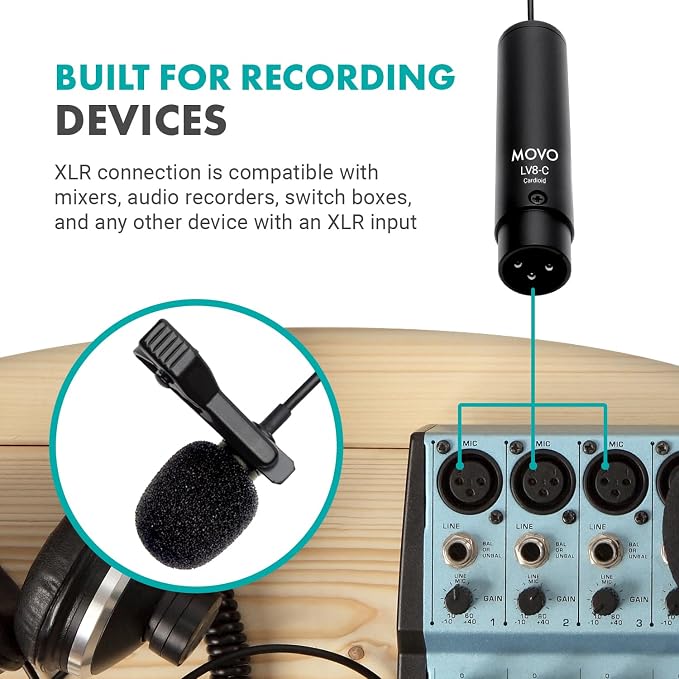 Movo LV8-C Broadcast-Quality XLR Lavalier Cardioid Condenser Wired Microphone with 12mm Mic Capsule for Accurate Voice Recording - Kit Includes Lapel Clip, Case and Windscreen