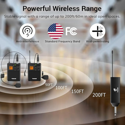 TONOR UHF Wireless Microphone System with Headset Lavalier Lapel Mic, Bodypack Transmitter, Rechargeable Receiver, 2 * 15 Channels 60 m/200ft Range 1/4" Output for Recording, 2 Bodypack Mics