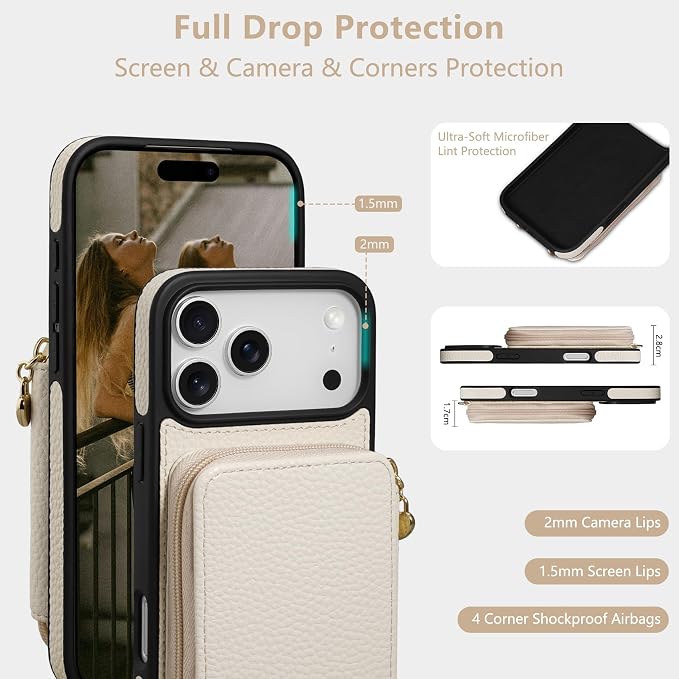 Keallce Case for iPhone 17 Pro Max 6.9'' Case Wallet, Crossbody Zipper Purse with RFID Blocking Card Slots Kickstand, Lanyard & Handstrap Flip Folio Leather Phone Cover for iPhone 17 Pro Max, Beige