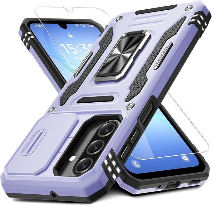 DEERLAMN Case for Samsung Galaxy A17 5G with Slide Camera Cover+Screen Protector (1 Pack), Rotated Ring Kickstand Military Grade Shockproof Protective Cover-Light Purple