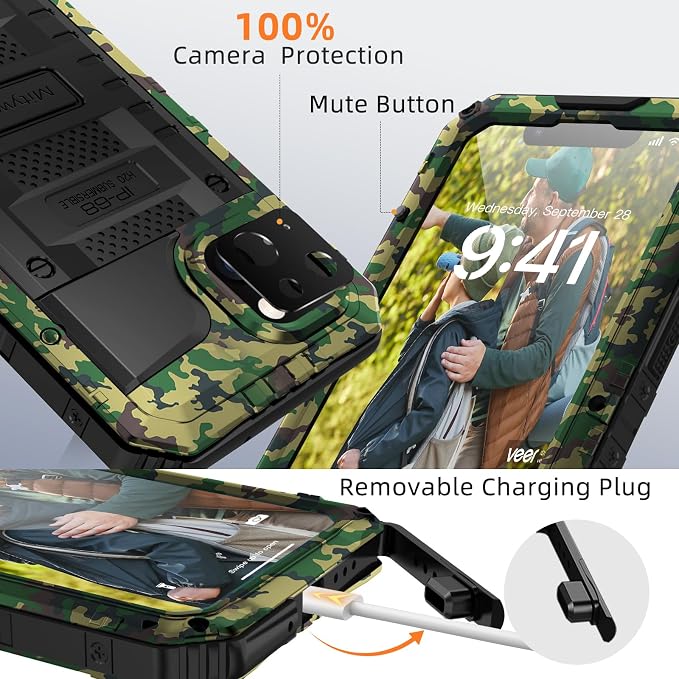 Mitywah Waterproof Case for iPhone 14 Plus, Heavy Duty Shockproof Case with Built-in Screen Protector, Full Body Underwater Protective Metal Case 6.7 inch, Camouflage