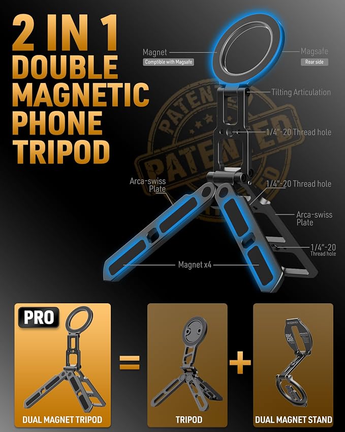 Dual Magnetic Phone Tripod for MagSafe Tripod Foldable Double Magnet Mount Pocket Cell Phone Stand for iPhone 17/16/15 Pro Plus Max Travel Gym Magnetic Tripod [US Patent Registered]