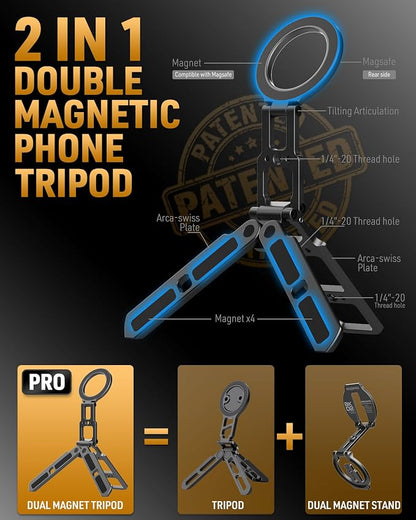 Dual Magnetic Phone Tripod for MagSafe Tripod Foldable Double Magnet Mount Pocket Cell Phone Stand for iPhone 17/16/15 Pro Plus Max Travel Gym Magnetic Tripod [US Patent Registered]