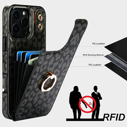 HAOPINSH for iPhone 16 Pro Max Wallet Case with Card Holder, 360°Rotation Ring Kickstand, Black Leopard Pattern, RFID Blocking Leather for Girls Women, Double Buttons Protective Cover 6.9"