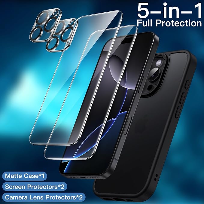 JETech 5 in 1 Matte Case for iPhone 16 Pro Max 6.9-Inch with 2-Pack Each Tempered Glass Screen Protector and Camera Lens Protector, Translucent Back Shockproof Phone Cover (Black)