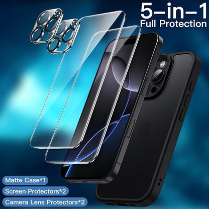 JETech 5 in 1 Matte Case for iPhone 16 Pro Max 6.9-Inch with 2-Pack Each Tempered Glass Screen Protector and Camera Lens Protector, Translucent Back Shockproof Phone Cover (Black)