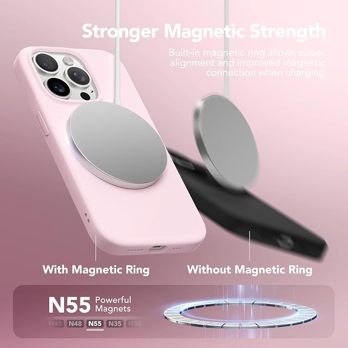 GONEZ Magnetic for iPhone 15 Pro Case, Compatible with MagSafe, [Screen Protector + Camera Lens Protector], Silicone Shockproof Anti-Scratch Protective Phone Case 6.1 inch, Chalk Pink