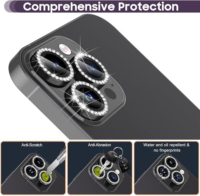 Suoman for iPhone 14 Pro Max / 14 Pro Camera Lens Protector, [Diamonds Bling] 9H Tempered Glass, Full Coverage Metal Protective Cover - Diamond Black