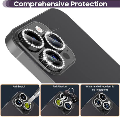Suoman for iPhone 14 Pro Max / 14 Pro Camera Lens Protector, [Diamonds Bling] 9H Tempered Glass, Full Coverage Metal Protective Cover - Diamond Black