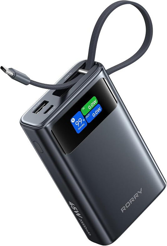 RORRY 45W Portable Charger, 20000mAh Power Bank, iPhone Battery Pack | Fast Charging, Extended Built-in USB C Cable, Smart Display, For iPhone 17/16/15, Galaxy, Pixel, iPad, Travel Essential