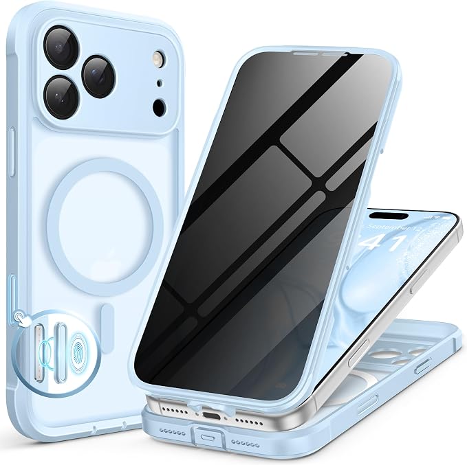 BERFY for iPhone 17 Pro Case, Compatible with MagSafe, Built-in Privacy Screen Protector, Camera Protection, Shockproof Full Body Phone Case 6.3", Translucent Light Blue