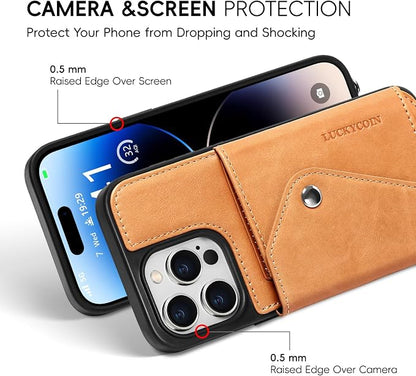LUCKYCOIN for iPhone 14 Pro Crossbody Wallet Case – Genuine Leather Phone Purse with Adjustable Strap and Card Holder,Lanyard Phone Purse Case for Women,Vintage Tan