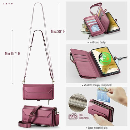 Strapurs Crossbody Wallet Case Compatible with Samsung Galaxy S22 Plus RFID Blocking Card Holder Soft PU Leather Magnetic Snap Strap Zipper Pocket Phone Case Fit for Galaxy S22+/ S22 Plus - Wine Red