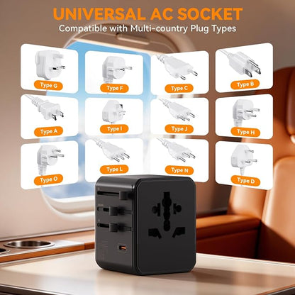 Auxmir Universal Travel Adapter, 45W PD Fast Charging Travel Plug Adapter with 2 USB-A and 3 USB-C Ports，International Adapter for EU, USA, UK, Asia, Worldwide Use, Black