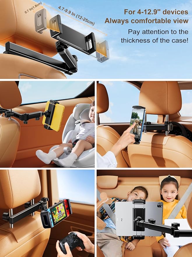 Car Tablet Headrest Holder,[3 in 1 Long Arm] iPad Car Mount for Back Seat,Car Accessories Backseat Road Trip Essentials for Kids Baby,For 4-12.9"Devices,iPad Pro,Air,Mini,Galaxy,Switch,Fire HD