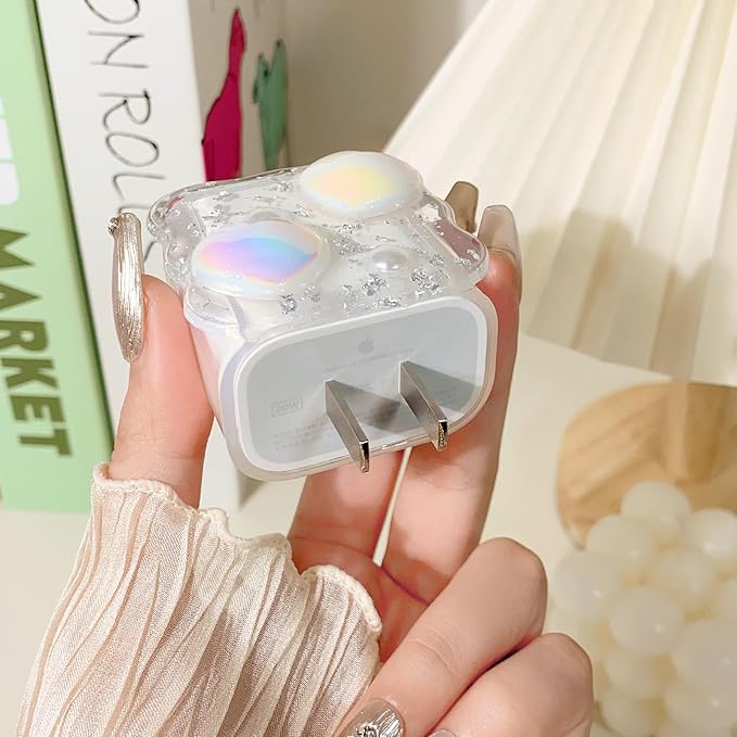 Lovmooful Compatible for iPhone 18W/20W USB-C Charger Cover Clear Lovely 3D Love Heart Pearl Waves Design Soft Charger Protector Cute Cable Case Saver Protector for Girls Women-Crystal Heart