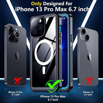 SPIDERCASE Magnetic for iPhone 13 Pro Max Case Waterproof,Built-in Screen & Camera Lens Protector[IP68 Underwater] [Military Grade Shockproof] Full Body Protection Phone Case,Blue/Clear