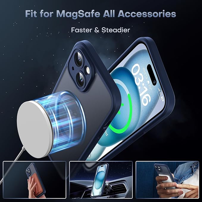 TOCOL Magnetic for iPhone 15 Plus Case, Upgraded Full Camera Protection, Compatible with Magsafe, Drop Protection, Translucent Matte Back Bumper Phone Cover 6.7-Inch (Dark Blue)