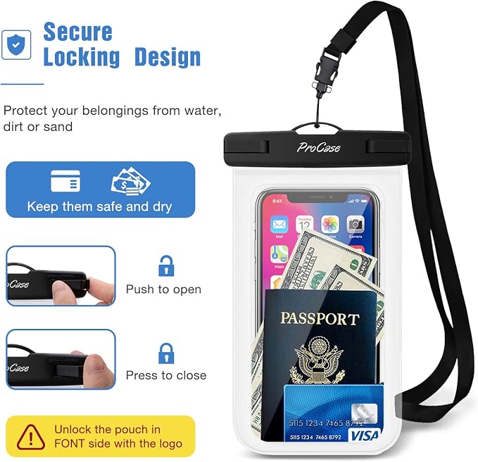 ProCase Waterproof Phone Pouch for iPhone 17 Air 16 15 14 13 12 11 Pro Plus Max Mini Xs XR X 8 7 Galaxy S23 S22 S21 Ultra Note Black Underwater Case, up to 7" -Clear