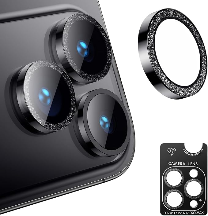 AFARER Camera Lens Protector for iPhone 17Pro /17 Pro Max,Individual Metal Cover Ring, 9H Tempered Glass Anti-Scratch, Strong Adsorption & Case Friendly [Does not Affect Night Shots],Black