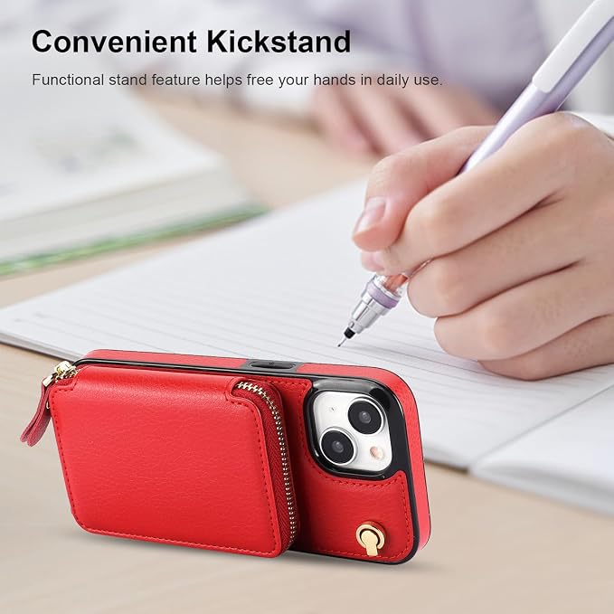 Bocasal Crossbody Wallet Case for iPhone 15, RFID Blocking Leather Purse Case with Card Holder, Protective Handbag Flip Cover with Zipper Wrist Strap Lanyard for Women 5G 6.1 Inch (Red)