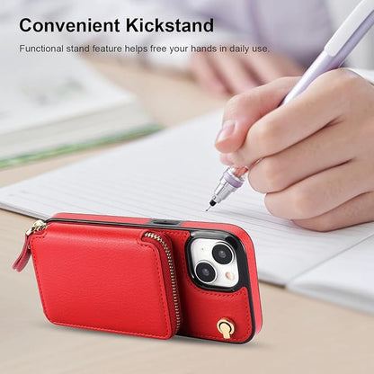 Bocasal Crossbody Wallet Case for iPhone 15, RFID Blocking Leather Purse Case with Card Holder, Protective Handbag Flip Cover with Zipper Wrist Strap Lanyard for Women 5G 6.1 Inch (Red)