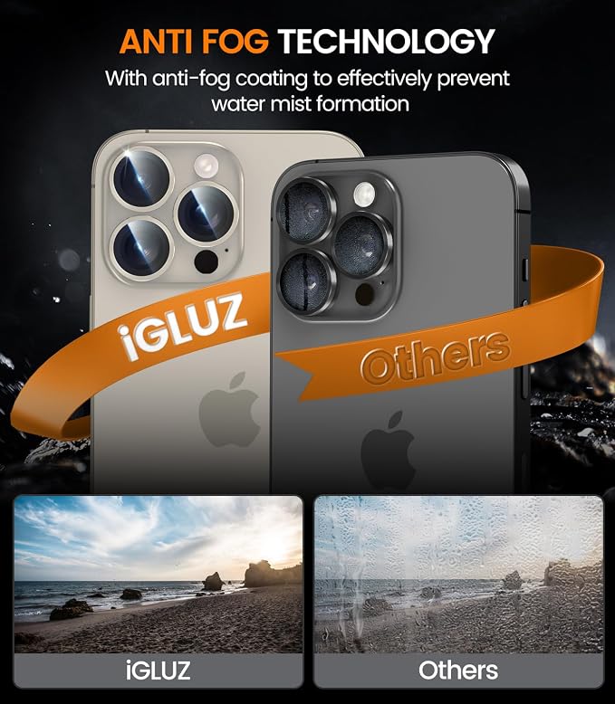 iGluz 2 Pack Anti-Reflection Camera Lens Protector for iPhone 15 Pro/iPhone 15 Pro Max [Anti-fog Coating][1-Step Installation Tray][Strong Adsorption] 9H Shatterproof Tempered Glass-Natural Titanium
