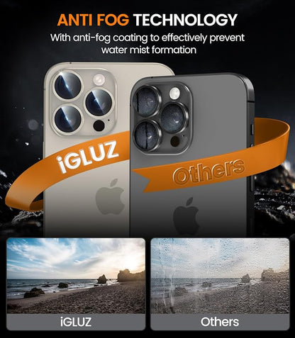iGluz 2 Pack Anti-Reflection Camera Lens Protector for iPhone 15 Pro/iPhone 15 Pro Max [Anti-fog Coating][1-Step Installation Tray][Strong Adsorption] 9H Shatterproof Tempered Glass-Natural Titanium