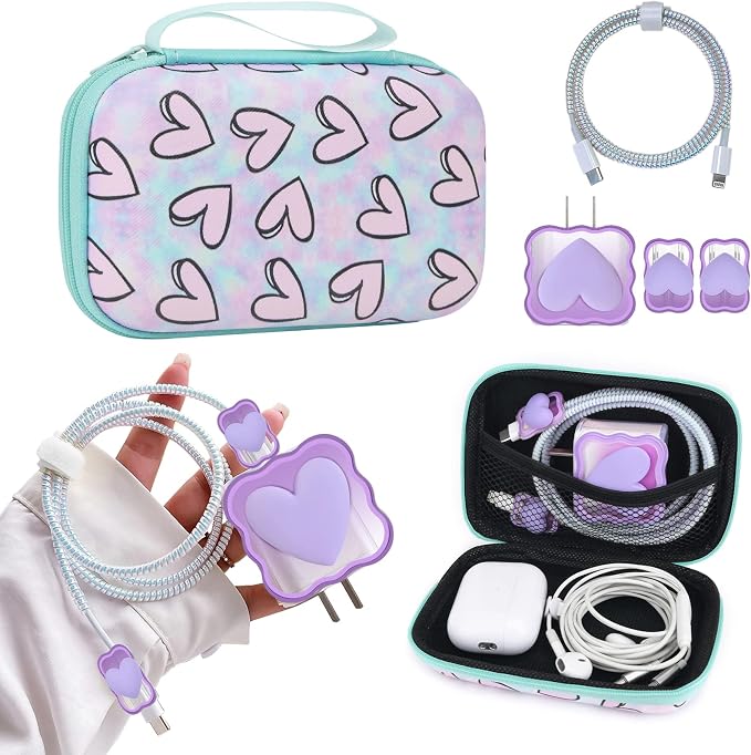 CameCosy Phone Charger Storage Case Set with Purple 3D love Heart Carrying Cover Bag kawaii Cute DIY Cable Protector charger accessories USB line Travel Cable Organizer,Compatible for iPhone
