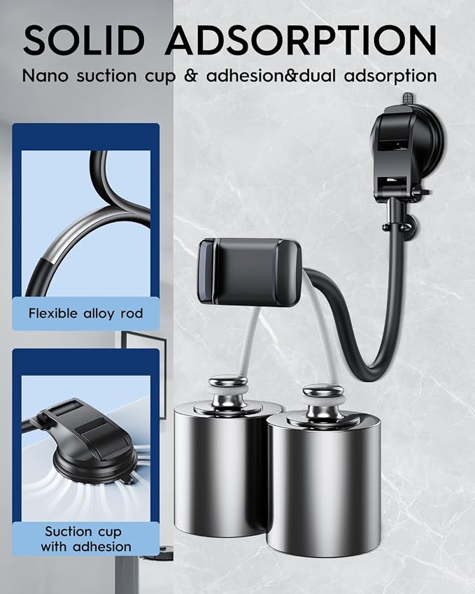 Long Arm Vacuum Suction Cup Shower Phone Holder Clip, Mirror Phone Mount For Bathroom Stick On Wall Makeup Mirror Kitchen Window Bathroom Phone Stand Fit For iPhone 16 15 14 13 12 & Cell Phones