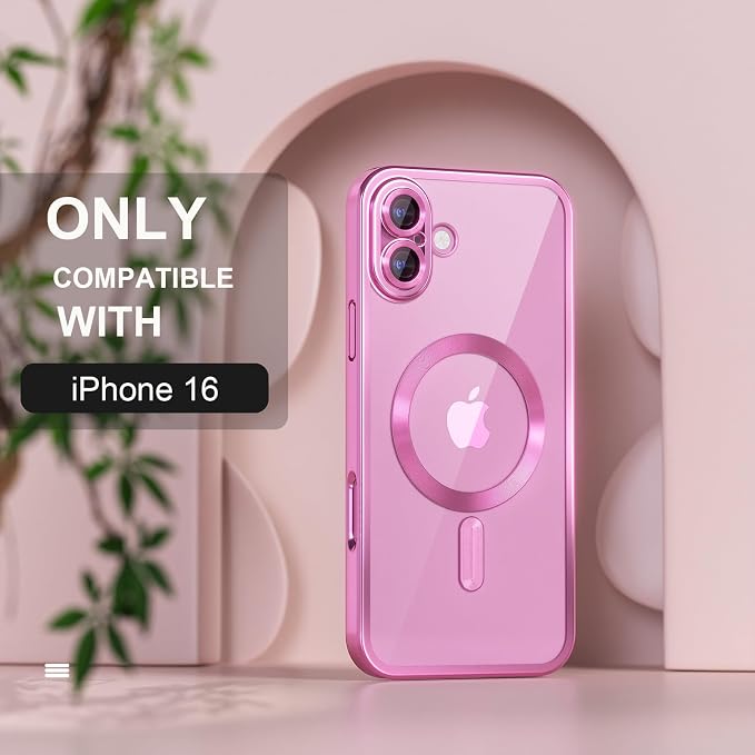 Misea Magnetic for iPhone 16 Case Compatible with MagSafe [Never Yellowing] [Military Grade Drop Protection] Full Camera Lens Protector Plating Soft Clear Phone Case for Women 6.1 inch, Hot Pink