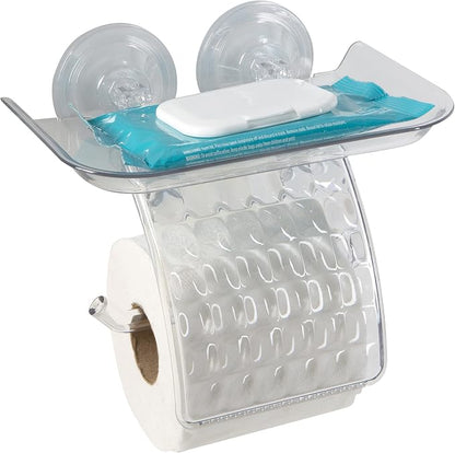 Bath Bliss Suction Cup Toilet Paper Dispenser | Power Lock Suction Mount | Phone and Wipes Holder Tray | Not Tools Required |Smooth Surfaces Only | Tile | Glass | Metal | Plastic | Bathroom | Clear