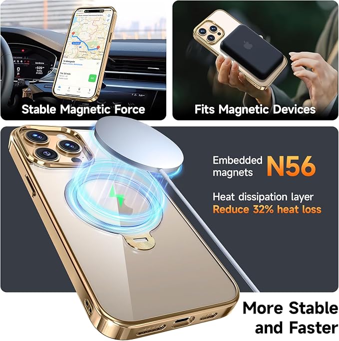 [Tri-Shield Protection] for iPhone 14 Pro Case with 360° Spin Stand Compatible with MagSafe [Magnetic CD Ring] [Screen & Camera Lens Protector] Shockproof Plating Never-Yellowing, Gold-6.1"