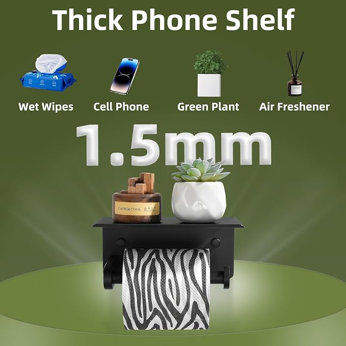 Toilet Paper Holder with Phone Shelf, APLusee SUS 304 Stainless Steel Bathroom Tissue Holder, Wall Mounted Roll Paper Dispenser, Matte Black