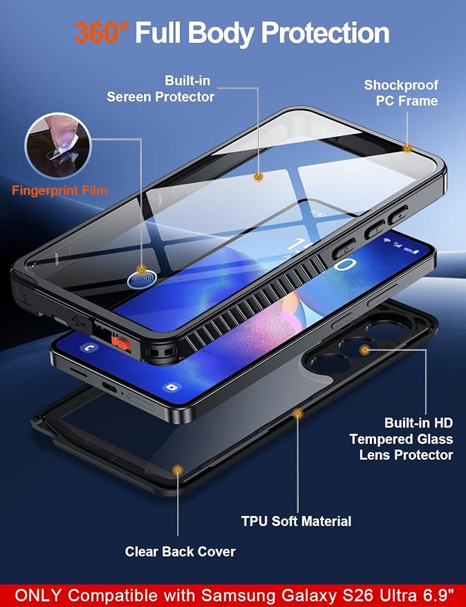 MOZOTER Designed for Samsung Galaxy S26 Ultra Case Waterproof, Military Shockproof Full Body Cover with Built-in Screen & Lens Protector, IP68 Underwater Protection for S26 Ultra 6.9" Black
