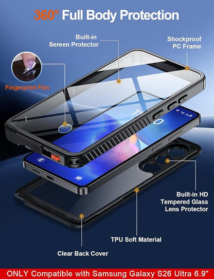 MOZOTER Designed for Samsung Galaxy S26 Ultra Case Waterproof, Military Shockproof Full Body Cover with Built-in Screen & Lens Protector, IP68 Underwater Protection for S26 Ultra 6.9" Black