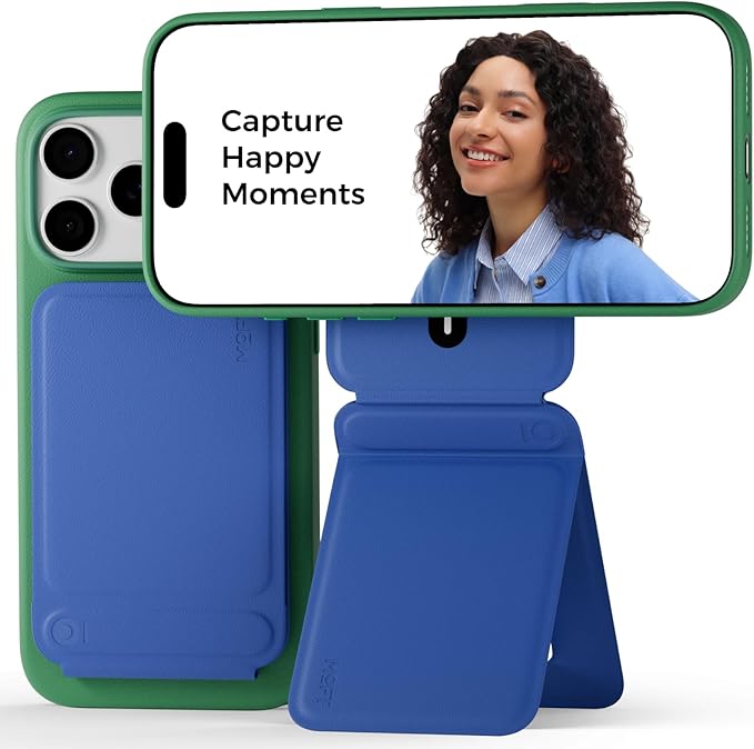 MOFT Phone Tripod Stand Selfie Stick for iPhone, Multi-Angles iPhone Stand, Lightweight & Portable Phone Holder, Strong Magnets, MOVAS Vegan Leather, Travel Essentials, Sapphire (Without Card Slot)